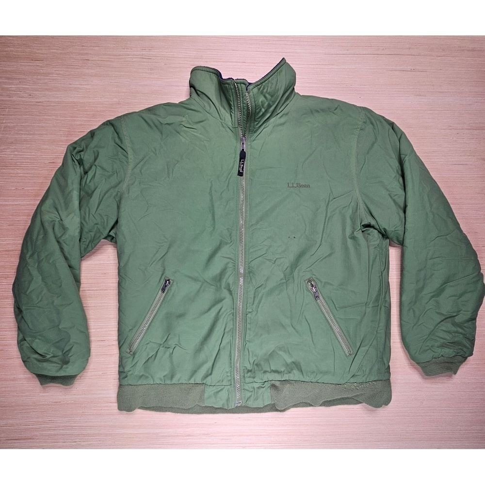LL Bean Warm-Up Jacket Mens L Green Fleece Lined Polartec Bomber Coat READ FLAWS